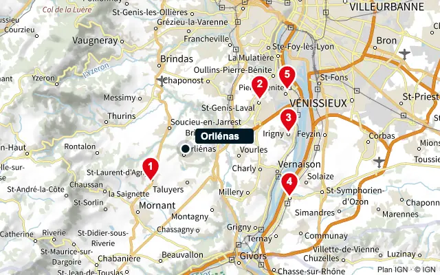 Carte : Orliénas et les 5 agences de la liste, numérotées de 1 à 5