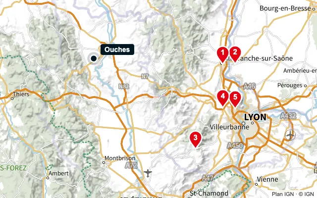 Carte : Ouches et les 5 agences de la liste, numérotées de 1 à 5