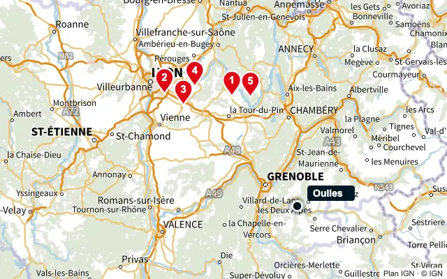 Carte : Oulles et les 5 agences de la liste, numérotées de 1 à 5