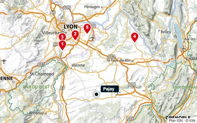 Carte : Pajay et les 5 agences de la liste, numérotées de 1 à 5