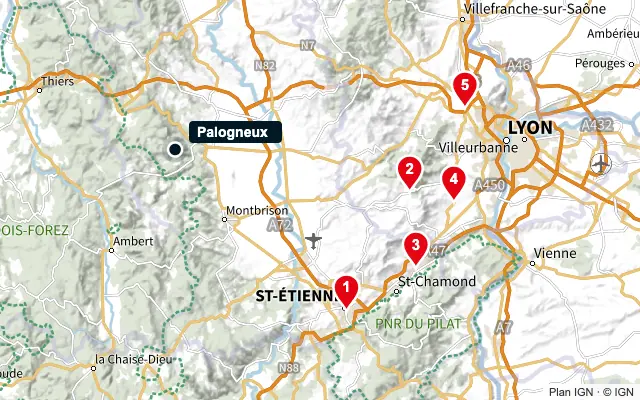 Carte : Palogneux et les 5 agences de la liste, numérotées de 1 à 5
