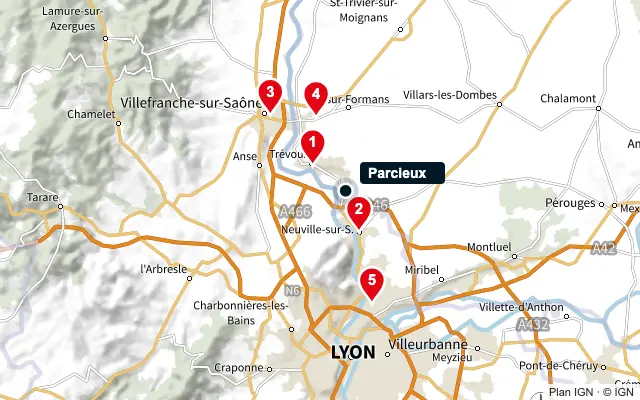 Carte : Parcieux et les 5 agences de la liste, numérotées de 1 à 5
