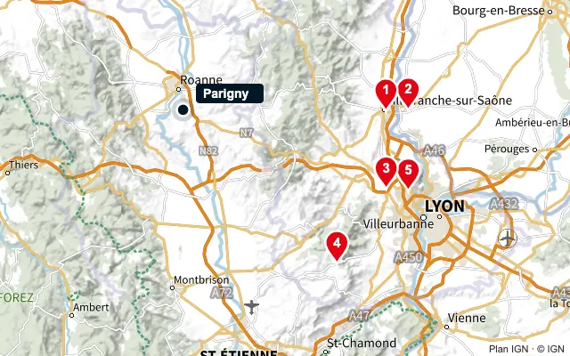 Carte : Parigny et les 5 agences de la liste, numérotées de 1 à 5