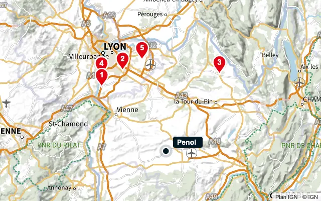 Carte : Penol et les 5 agences de la liste, numérotées de 1 à 5