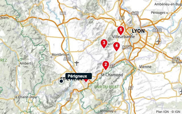 Carte : Périgneux et les 5 agences de la liste, numérotées de 1 à 5
