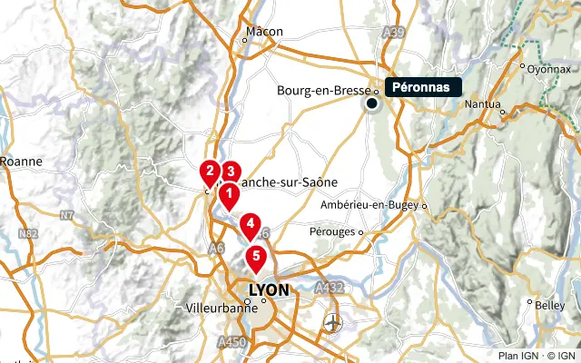 Carte : Péronnas et les 5 agences de la liste, numérotées de 1 à 5