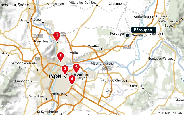 Carte : Pérouges et les 5 agences de la liste, numérotées de 1 à 5