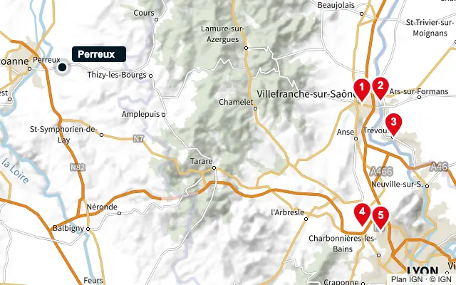 Carte : Perreux et les 5 agences de la liste, numérotées de 1 à 5
