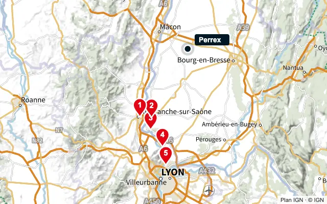 Carte : Perrex et les 5 agences de la liste, numérotées de 1 à 5