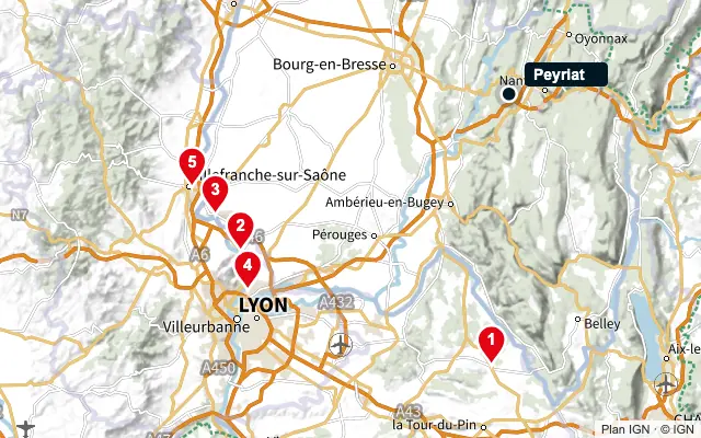 Carte : Peyriat et les 5 agences de la liste, numérotées de 1 à 5