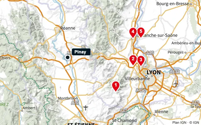Carte : Pinay et les 5 agences de la liste, numérotées de 1 à 5