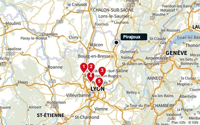 Carte : Pirajoux et les 5 agences de la liste, numérotées de 1 à 5