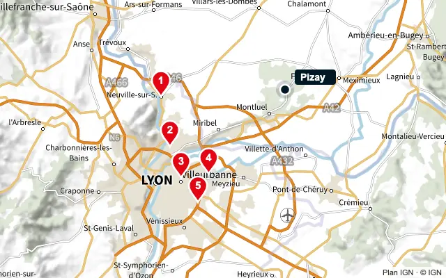 Carte : Pizay et les 5 agences de la liste, numérotées de 1 à 5