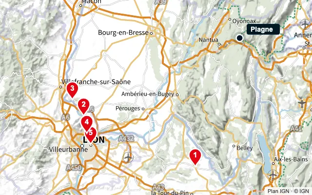 Carte : Plagne et les 5 agences de la liste, numérotées de 1 à 5