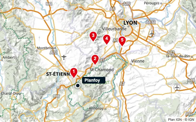 Carte : Planfoy et les 5 agences de la liste, numérotées de 1 à 5