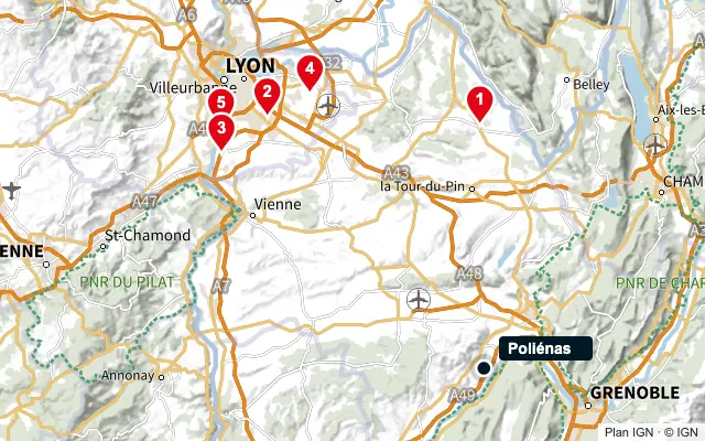 Carte : Poliénas et les 5 agences de la liste, numérotées de 1 à 5