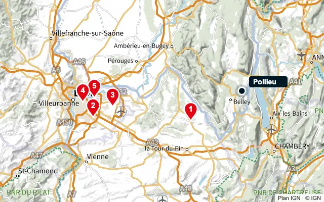 Carte : Pollieu et les 5 agences de la liste, numérotées de 1 à 5