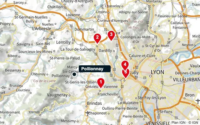 Carte : Pollionnay et les 5 agences de la liste, numérotées de 1 à 5