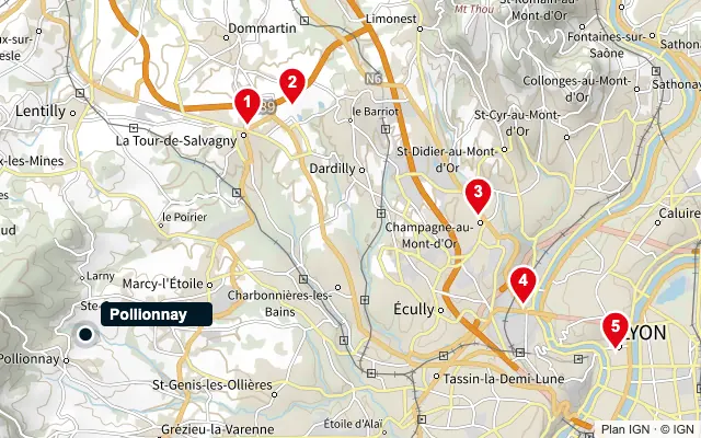 Carte : Pollionnay et les 5 agences de la liste, numérotées de 1 à 5