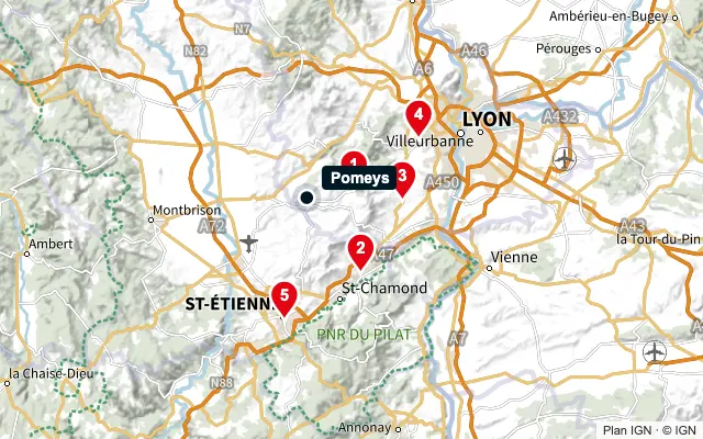 Carte : Pomeys et les 5 agences de la liste, numérotées de 1 à 5