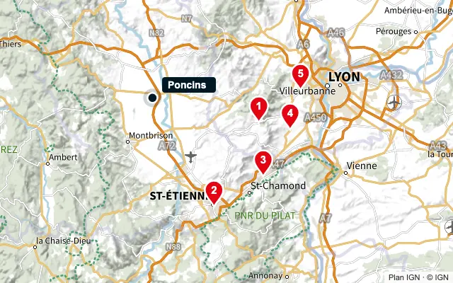 Carte : Poncins et les 5 agences de la liste, numérotées de 1 à 5