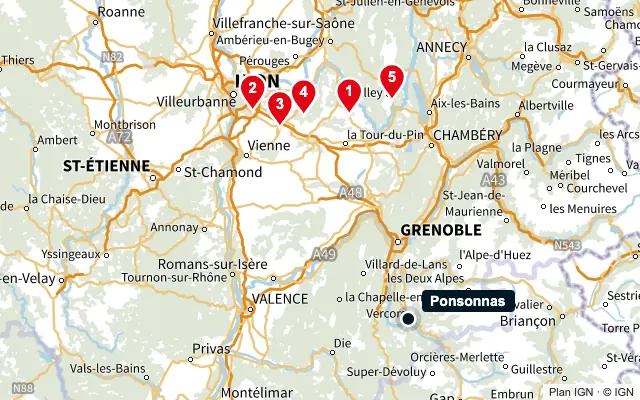 Carte : Ponsonnas et les 5 agences de la liste, numérotées de 1 à 5