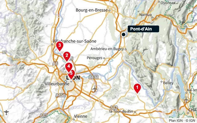 Carte : Pont-d'Ain et les 5 agences de la liste, numérotées de 1 à 5