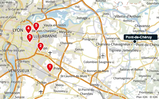 Carte : Pont-de-Chéruy et les 5 agences de la liste, numérotées de 1 à 5
