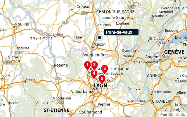 Carte : Pont-de-Vaux et les 5 agences de la liste, numérotées de 1 à 5