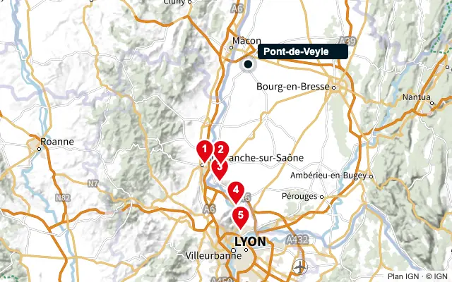 Carte : Pont-de-Veyle et les 5 agences de la liste, numérotées de 1 à 5