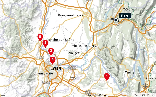 Carte : Port et les 5 agences de la liste, numérotées de 1 à 5