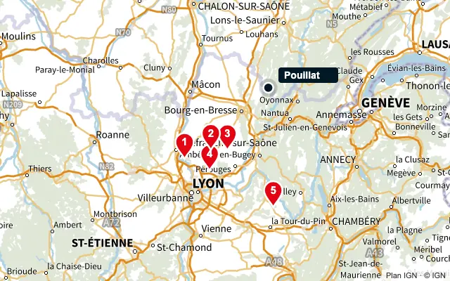 Carte : Pouillat et les 5 agences de la liste, numérotées de 1 à 5