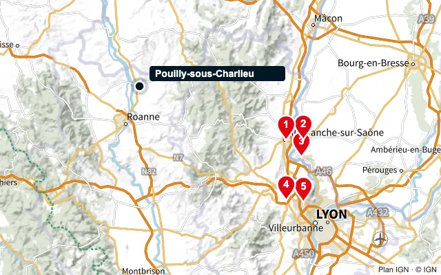 Carte : Pouilly-sous-Charlieu et les 5 agences de la liste, numérotées de 1 à 5