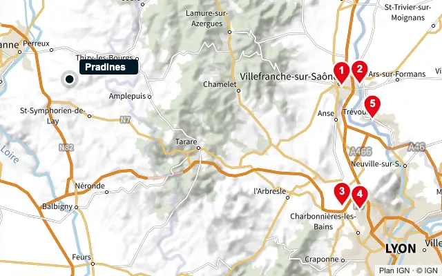 Carte : Pradines et les 5 agences de la liste, numérotées de 1 à 5
