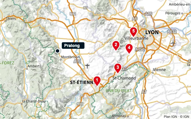 Carte : Pralong et les 5 agences de la liste, numérotées de 1 à 5