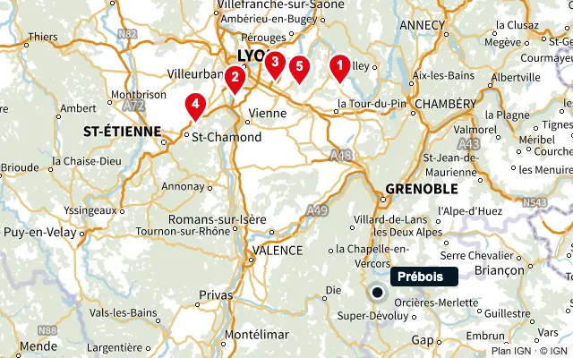 Carte : Prébois et les 5 agences de la liste, numérotées de 1 à 5