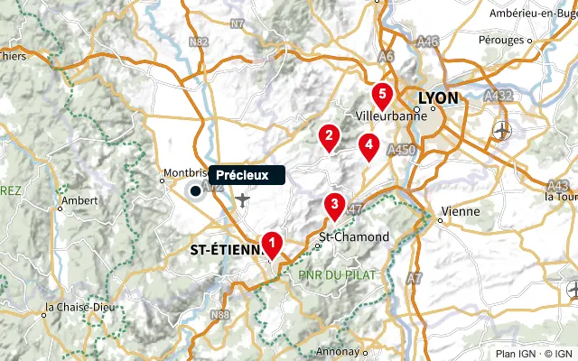 Carte : Précieux et les 5 agences de la liste, numérotées de 1 à 5