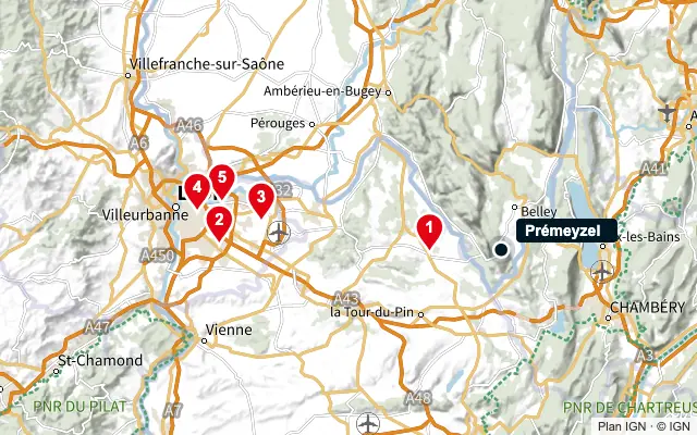 Carte : Prémeyzel et les 5 agences de la liste, numérotées de 1 à 5