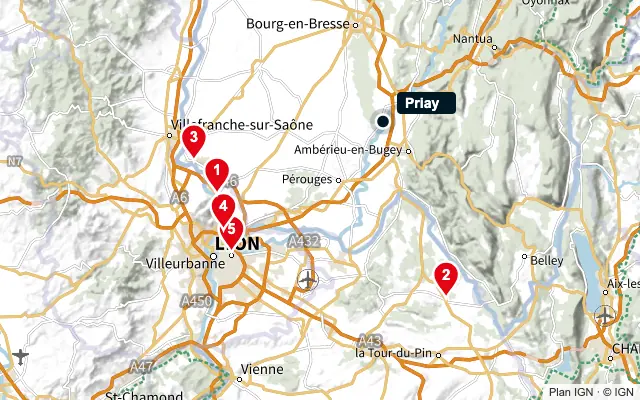 Carte : Priay et les 5 agences de la liste, numérotées de 1 à 5