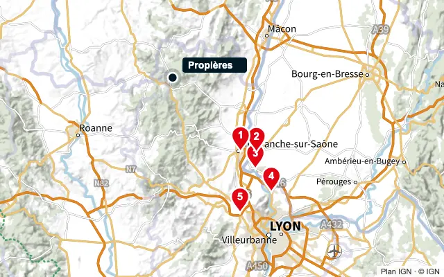 Carte : Propières et les 5 agences de la liste, numérotées de 1 à 5