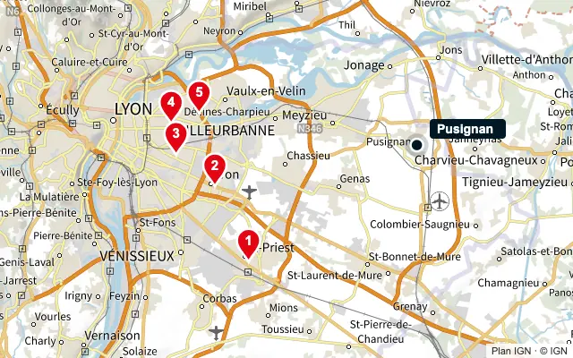 Carte : Pusignan et les 5 agences de la liste, numérotées de 1 à 5