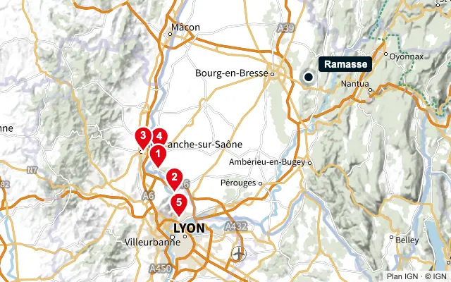 Carte : Ramasse et les 5 agences de la liste, numérotées de 1 à 5