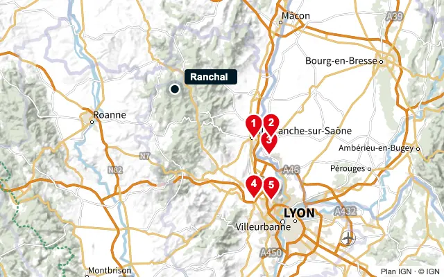 Carte : Ranchal et les 5 agences de la liste, numérotées de 1 à 5