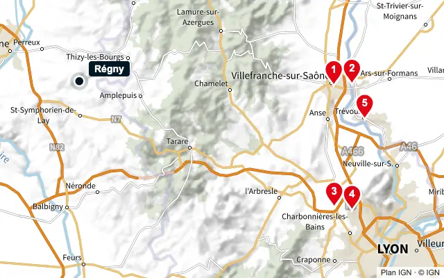 Carte : Régny et les 5 agences de la liste, numérotées de 1 à 5