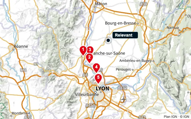 Carte : Relevant et les 5 agences de la liste, numérotées de 1 à 5