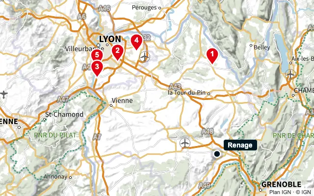 Carte : Renage et les 5 agences de la liste, numérotées de 1 à 5