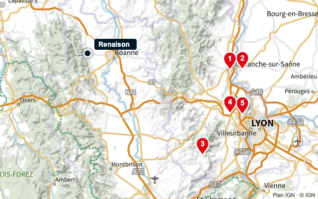 Carte : Renaison et les 5 agences de la liste, numérotées de 1 à 5