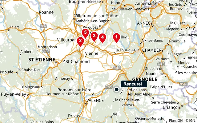 Carte : Rencurel et les 5 agences de la liste, numérotées de 1 à 5
