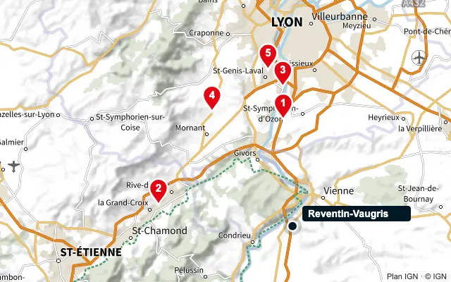 Carte : Reventin-Vaugris et les 5 agences de la liste, numérotées de 1 à 5