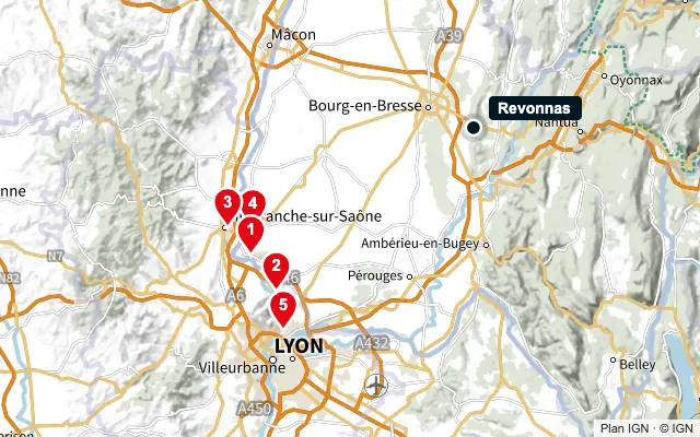 Carte : Revonnas et les 5 agences de la liste, numérotées de 1 à 5